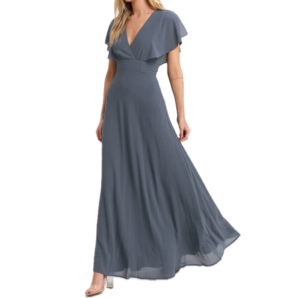 Lulu’s Dearly Loved Slate Blue Flutter Sleeve Short Sleeve V- Neck Maxi Dress